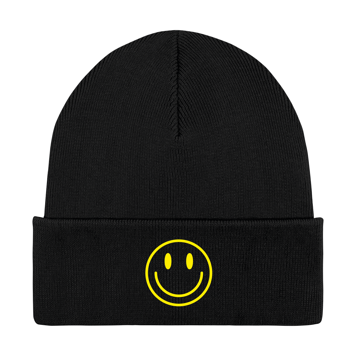 Embroidered Smiley Face Beanie – Bold Yellow Icon for Positive Vibes